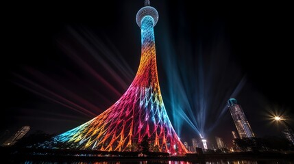 Wall Mural - illustration of light painting bottom up angle view canton tower of, Generative ai