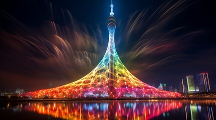 Wall Mural - illustration of light painting bottom up angle view canton tower of, Generative ai