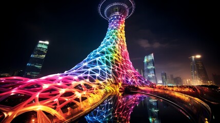 Wall Mural - illustration of light painting bottom up angle view canton tower of, Generative ai