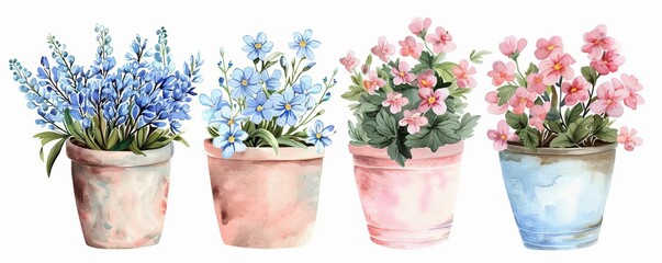 Blue Daisy Flower Baskets, Pink Floral Vintage TruckWatercolor clipart, Perfect for nursery, White background for background removal,