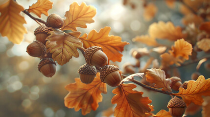 Wall Mural - Autumn yellow leaves of oak tree with acorns in autumn park. Fall background with leaves in sun lights with bokeh. Beautiful nature landscape.