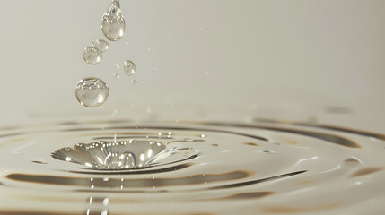 Wall Mural - Several transparent water droplets float on a beige background, with light and elegant bubbles