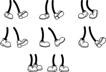 Set of vintage cartoon feet in shoes. Cartoon boot. Comic retro feet in different poses. Vector illustrations