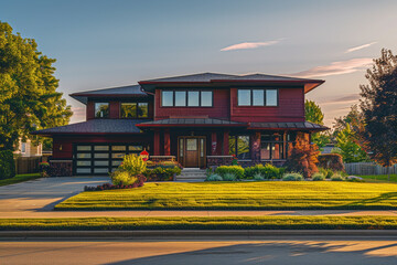 Wall Mural - Luxurious home with a burgundy red facade, featuring a modern aesthetic and a peaceful suburban backdrop. Full front view during a sunny summer day.