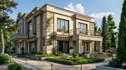 Wall Mural - Luxurious modern home with a beige exterior, featuring elegant stonework and a peaceful garden. Full front view in a summer suburb.