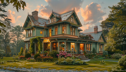 Wall Mural - Luxury house with a pastel green exterior, showcasing traditional architectural features and a vibrant front yard. Full front view during a summer afternoon.