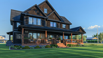 Wall Mural - Sophisticated house with a dark brown wood facade, showcasing a spacious porch and a manicured lawn. Summer day full front view in a suburban setting.