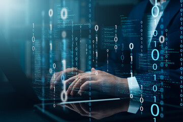 Wall Mural - programmer and cyber security technology, male programmer uses laptop to analyze developments based 