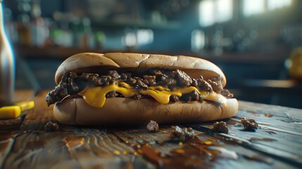 Wall Mural - Close-up of a cheesesteak sandwich on a wooden table