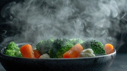 Wall Mural - steamed carrots, broccoli, and cauliflower in a black ceramic bowl, 