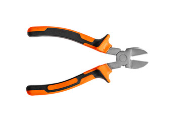 isolated pliers on white background, diagonal metal cutting tool. insulated grip handle for electric