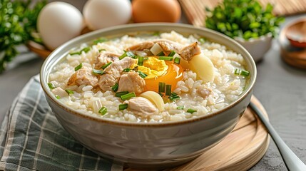 Wall Mural - Arroz Caldo rice soup with chicken, garlic, onion and egg in a bowl. AI Generative