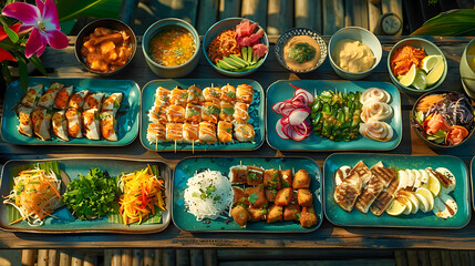 Assorted Asian Cuisine Platter with Various Dishes