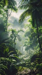 Poster - the jungle is full of green leaves and fog, surrounded by tall trees