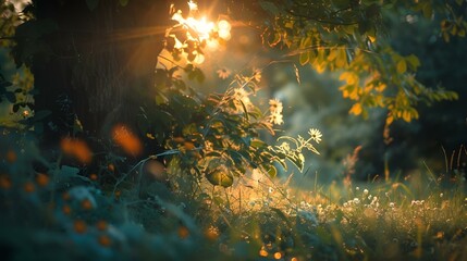 Wall Mural - the sun shining through the leaves of a tree and brush
