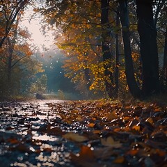 Wall Mural - the sun shines brightly on some fall leaves in the foreground of a forest
