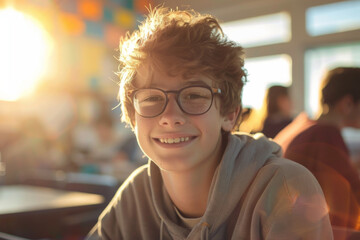 Portrait of a 14 year old teenage boy sitting in a classroom in early morning on back to school day