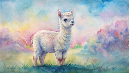 A baby llama with fluffy wool standing in a watercolor field, looking gentle.