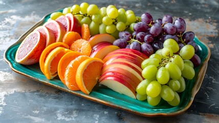  A colorful fruit platter featuring an assortment of sliced apples, grapes, and oranges, offering a healthy and vibrant option for snacking or entertaining. 
