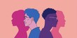 © Kamonwan - The image shows the silhouettes of two people, one with short blue hair and the other with short black hair. The background is pink. The image is about diversity and inclusion.