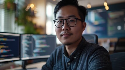 The picture of the software developer or programmer working with the computer and data inside the dark room with monitor, the developer require skills like problem solving and program language. AIG43.