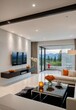 © lal khan - Television on the wall at the center of a modern living room white sofa and  a marble floor, and a large window