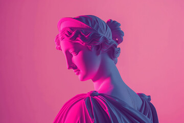 3d rendering of ancient  greek -roman  statue art  figure  . Creative concept colorful neon image with fuchsia pink color background, fashionable, trendy ,isolated background