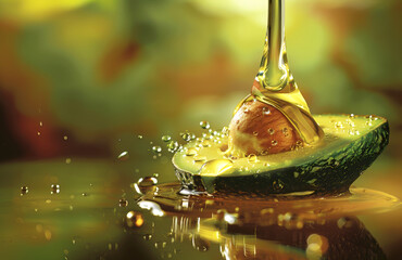 Poster - Avocado in oil on colorful background. Healthy fats.  Cosmetic product