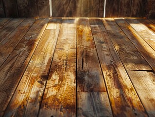 Sticker - A wooden floor with sunlight shining through.