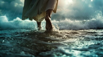 Jesus walks on water across the sea during a storm. Biblical theme concept.