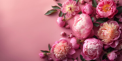 Wall Mural - Peonies roses on pink background