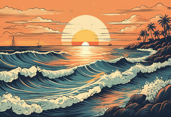 Wall Mural - Ocean in the sunset, sketch vintage illustration