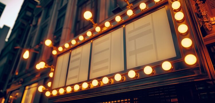 A vintage cinema marquee with blank panels in a retro-style downtown area, the bulbs around the sign casting a warm glow on the empty slots. 32k, full ultra HD, high resolution
