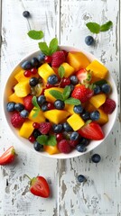 Wall Mural -  A white bowl overflowing with fresh fruit atop a pristine white wooden table Nearby, strawberries, raspberries, and blueberries align in pristine alignment