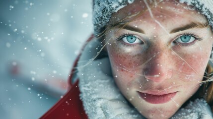 Wall Mural - The close up picture of the person looking at the camera with the white snow background in the middle of the snowy ice field, the skill require for ice field are fitness, ice safety knowledge. AIG43.