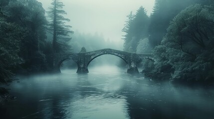 Canvas Print - Serene ancient stone bridge shrouded in misty forest reflecting on calm river water
