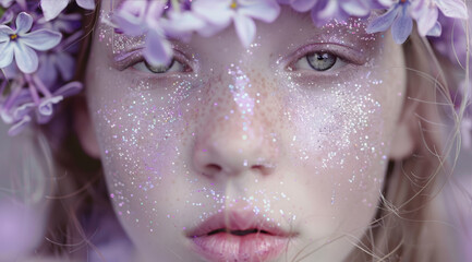 Wall Mural - Close-up portrait of a girl with purple flowers on her head and glitter on her face
