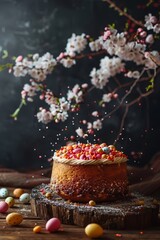 Wall Mural -  A cake, decorated with sprinkles, sits on a weathered wooden table Nearby, a branch adorned with white blossoms extends