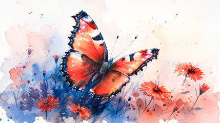 Wall Mural - Delicate beauty: watercolor butterflies on flowers