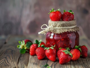 Wall Mural -  A jar of strawberry jam sits amongst fresh strawberries on a weathered wooden table The rustic scene is accessorized with burlap and lengths of twine