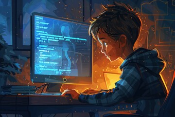 A boy is sitting in front of a computer monitor, typing on a keyboard