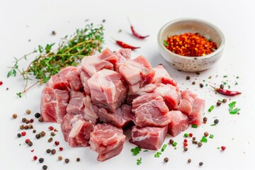 Wall Mural -  A heap of raw meat beside a white bowl filled with seasoning and a sprig of parsley