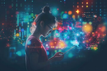 Wall Mural - A woman is looking at a tablet with a bright, colorful background