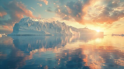 Wall Mural - Small Red Boat Floating Among Icebergs in the Arctic Ocean During a Breathtaking Sunset