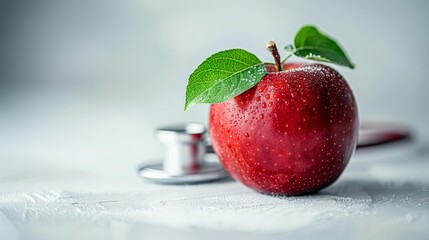 Poster -  A red apple with a green leaf on its top sits beside a stethoscope on the table