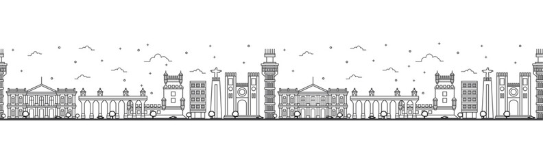 Seamless pattern with outline Lisbon Portugal City Skyline. Historic Buildings Isolated on White. Lisbon Cityscape with Landmarks.