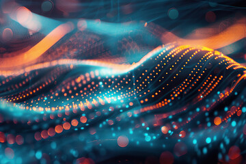 horizontal illustration of a colourful glowing wavy tech mesh abstract background