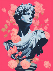Wall Mural - Greek statue with floating roses risograph.
