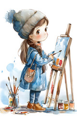 Wall Mural - A young girl is drawing a cartoon character on an easel with watercolor paint
