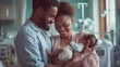 © Daria Lukoiko - A happy black couple hugs their newborn baby, the woman has just given birth to a child. Eternal Bond: A family Holds Their cute little child Close in a Moment Filled with Love and Wonder
